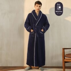 Autumn And Winter Thickened Cotton Velvet Nightgown Men's Winter Plus-sized Plus Size Light Luxury Couple Bathrobe Women's Extended Pajamas - 2102 Male Navy Blue, XL