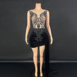 Summer Luxury Evening Dress Female Singer Stage Costume Senior Dress Side Trailing Skirt - Black, M