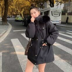 Womens Stylish Casual Loose-fitting Cotton-padded Coat - Black, L