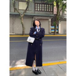 Navy Blue Womens Structured Wool Coat With A Refined Shoulder-Enhancing Design - Navy Blue, 2XL