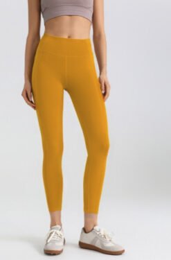 Mesh Side-pocket Stretchy Athletic Leggings - Ginger Yellow, XXL