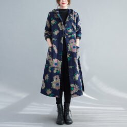 Retro Artistic Winter Long Cotton Coat With Fleece Lining - Blue Big Flower, M