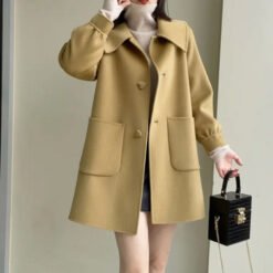 Womens Stylish Casual Doll-Neck Wool Coat - Yellow, XL
