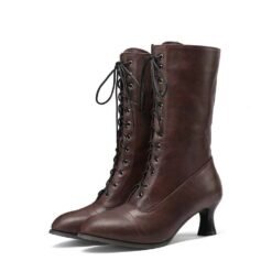 Cross-front Lace-up Low-heeled Womens Mid-calf Boots - Dark Brown, 38