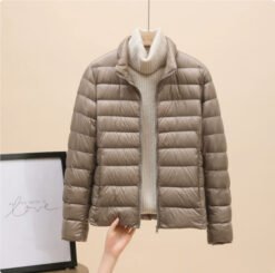 Womens Lightweight Padded Short Down Jacket - Khaki Stand Collar, 7XL