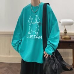 Cartoon Puppy Printed Long Sleeve T-shirt - Lake Blue, 4XL