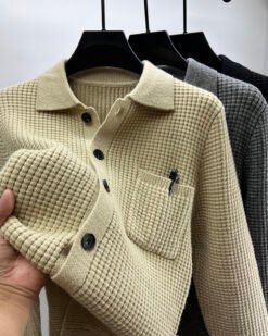 Casual Solid-Color Pocket Lapel Knit Sweater Coat - Beige Camel, XL