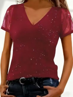 Short Sleeved Loose V-neck Fashionable Casual T-shirt - Red, L