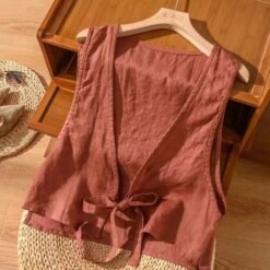 Versatile Ethnic-Style Cotton-Linen Solid-Color Lace-Up Vest Top For Women - Brick Red, L