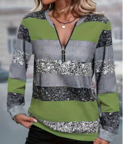 Womens FallWinter Crew-Neck Printed Loose-Fit Zip-Up Hoodie With Long Sleeves - NLW043455, 5XL