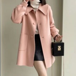 Womens Stylish Casual Doll-Neck Wool Coat - Pink, 3XL