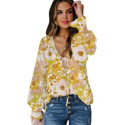 Shiying Autumn Lightweight Floral Chiffon Blouse With Long Sleeves - Yellow Printings, M