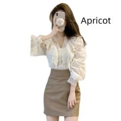 Korean-style Womens Lace Ruffled Puff Sleeves - Apricot, XL