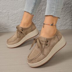 European And American-style Chunky-soled Womens Pumps With Front Laces Casual Chunky-soled Shoes - Khaki, 43