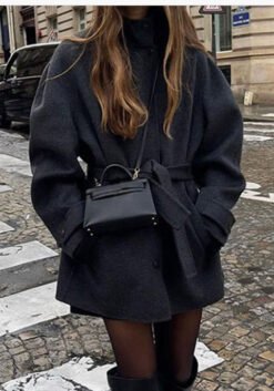 Womens Wool Coat With Belt Mock Neck And Solid Color - Black, L