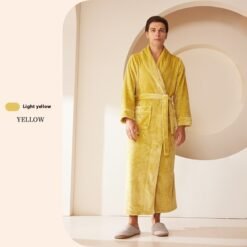 Extended Autumn And Winter Coral Fleece Bathrobe - Light Yellow, L