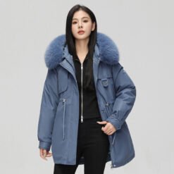 Mid-length Versatile Cotton Coat That Hits Below The Knee With A Fur-trimmed Collar - Haze Blue, XL