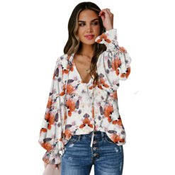 Shiying Autumn Lightweight Floral Chiffon Blouse With Long Sleeves - White With Printed Pattern, L