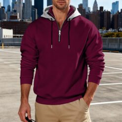 Light-luxury Commuter-style Long-sleeve Hoodie With A Stand-up Collar - Wine Red, XXL