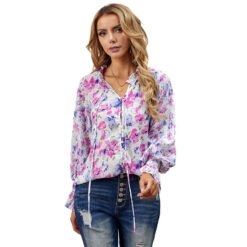 Shiying Autumn Lightweight Floral Chiffon Blouse With Long Sleeves - Rose Red, L