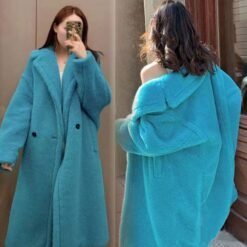 Womens Long Cashmere-Like Coat - Lake Blue, XS