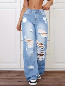 Trendy Washed Ripped Straight Jeans For Women - Blue, L