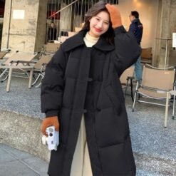 Womens Fashionable Knitted Long Cotton Coat With A Turn-Down Collar - Black, 2XL