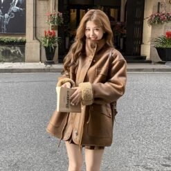 Thickened Lambskin Coat With Integrated Fur Lining - Brown, XL