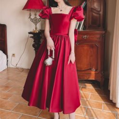 Winter Wine Red Engagement Daily French Princess On The Run Satin Dress - Wine Red Mid Length, XL