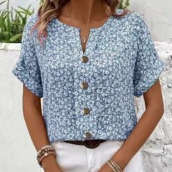 Womens Casual Plant-Print Jacquard Collar Short-Sleeve T-Shirt - JM72, 5XL