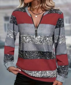 Womens FallWinter Crew-Neck Printed Loose-Fit Zip-Up Hoodie With Long Sleeves - NLW04347, S