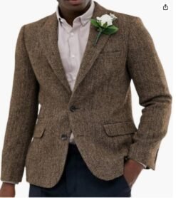 Mens Brown And Gray Herringbone Wool Suit Jacket - Brown, 3XL