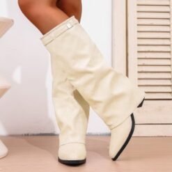 Autumn Chunky-Heel Plus-Size British-Style Over-the-Knee Boots - Beige Cloth Cover, 40