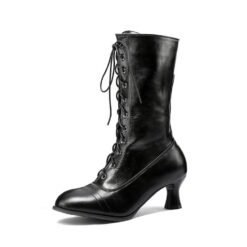 Cross-front Lace-up Low-heeled Womens Mid-calf Boots - Black, 36