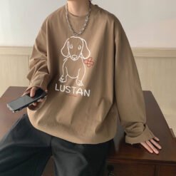 Cartoon Puppy Printed Long Sleeve T-shirt - Khaki, 2XL