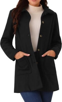 Double-breasted Long-sleeve Lapel Wool-lined Casual Coat - Black, L