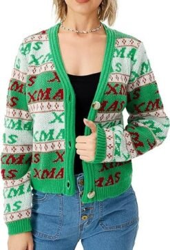 Women’s Fall Cropped Cardigan Sweater Open Front Button Up Sweater Pullover Crop Tops - Green, S