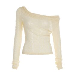 Pure Lace Long Sleeve Women Blouse Top - Beige, M