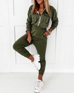 Alternative view of Army Green Zip Solid Ladies Jumpsuit