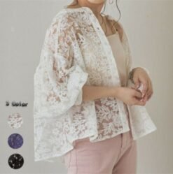 Lantern Sleeve Round Neck Lace Blouse - White, Average Size