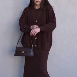 New Cozy Knit Cardigan For Home Wear Paired With A Figure-hugging Sweater Skirt - Brown, 2XL