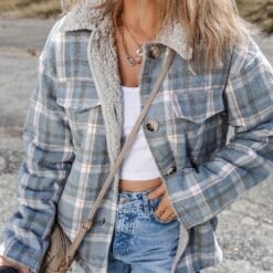 Sky Blue Stripe Sherpa Collar Cuffs Patchwork Plaid Shirt Jacket With Chest Pocket - Sky Blue Stripe, XL