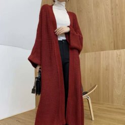 Loose length knit cardigan - Wine red, One size