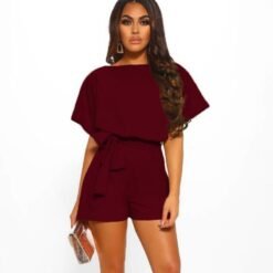 Fashion Solid Color Short-sleeved Jumpsuit with Belt - Wine Red, M