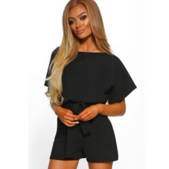 Fashion Solid Color Short-sleeved Jumpsuit with Belt - Black, L