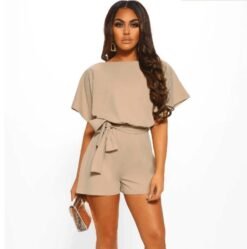 Fashion Solid Color Short-sleeved Jumpsuit with Belt - Khaki, XL
