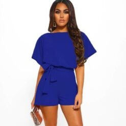 Fashion Solid Color Short-sleeved Jumpsuit with Belt - Blue, 3XL