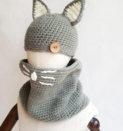 Knit hat children's animal cat ears set hat hand-knitted warm neck bonnet - Gray