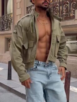 Cropped Utility Jacket With Cargo Pockets - Olive Green, 2XL