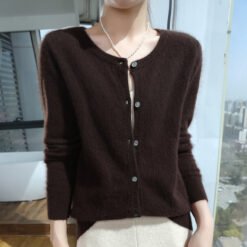 Womens Loose Button-up Solid-color Cropped Sweater With A Crew Neck - Brown, M